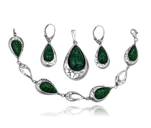 Srebrny Efektowny Oksydowany Komplet z Malachitem