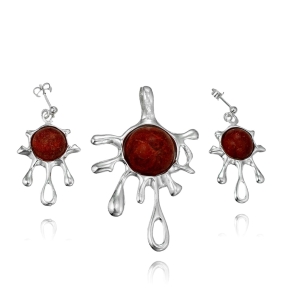 Srebrny Efektowny Komplet z Koralem