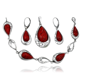 Srebrny Oksydowany Komplet z Jaspisem Koralowym