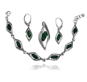 Srebrny Efektowny Oksydowany Komplet z Malachitem