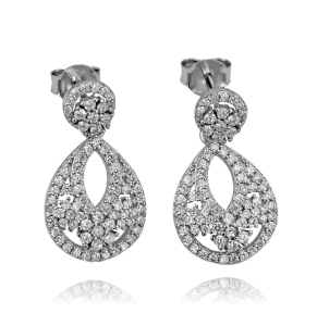 Modne Srebrne Rodowane Wiszące Kolczyki z Cyrkoniami 