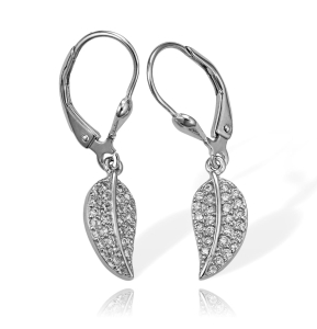 Modne Srebrne Rodowane Wiszące Kolczyki Listki z Cyrkoniami