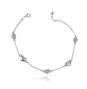 Srebrna Delikatna Rodowana Bransoletka Serca z Cyrkoniami - Polecam