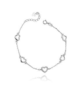 Srebrna Delikatna Rodowana Bransoletka Serca z Cyrkoniami - Polecam