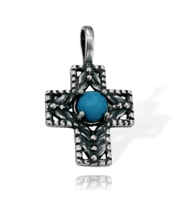 Srebrny Ażurowy Oksydowany Mały Krzyż z Turkusem