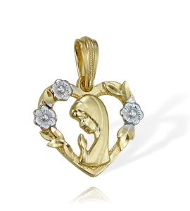 Złoty Medalik z Matką Boską w Sercu z Kwiatami - Próba 585