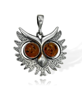 Srebrny Oksydowany Wisiorek Sowa Głowa Sowy z Bursztynem