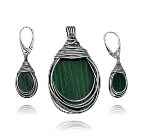  Srebrny Oksydowany Efektowny Komplet z Malachitem Malachitami