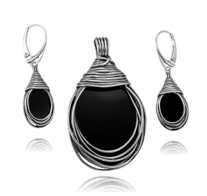  Srebrny Oksydowany Efektowny Komplet z Onyksem Onyksami