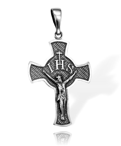 Srebrny Oksydowany Dwustronny Krzyż z Jezusem Chrystusem 