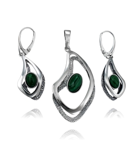  Srebrny Oksydowany Efektowny Komplet z Malachitem Malachitami