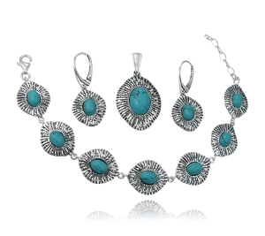 Srebrny Oksydowany Komplet z Turkusami Turkus