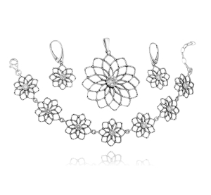 Srebrny Oksydowany Ażurowy Komplet Kwiatki z Cyrkoniami