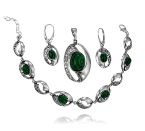Srebrny Oksydowany Efektowny Komplet z Malachitem Malachitami