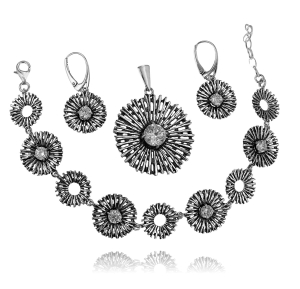 Srebrny Oksydowany Ażurowy Komplet z Cyrkoniami