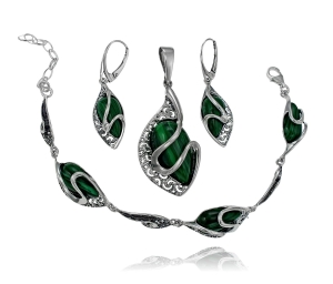 Srebrny Oksydowany Efektowny Komplet z Malachitem Malachitami