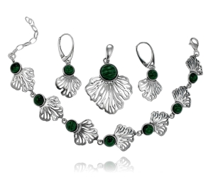 Srebrny Ażurowy Oksydowany Komplet z Malachitem Malachitami 
