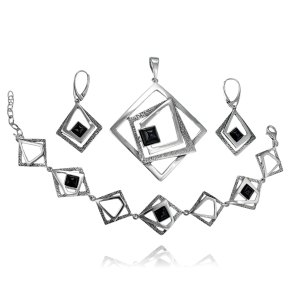 Srebrny Oksydowany Komplet Fantazyjne Romby z Onyksem Onyksami