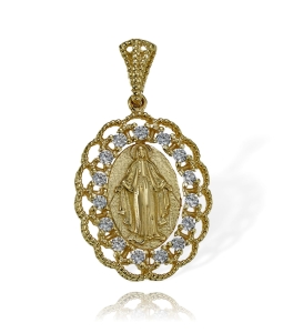 Złoty Cudowny Ażurowy Medalik Matki Boskiej Niepokalana z Cyrkoniami - Próba 585