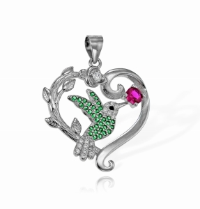  Srebrny Rodowany Wisiorek Serce Ptaszek w Sercu z Cyrkoniami