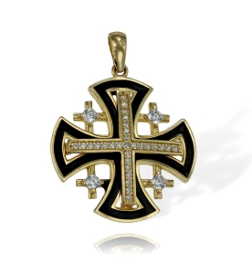 Złoty Duży Efektowny Krzyż Jerozolimski z Cyrkoniami - Próba 585