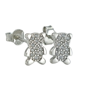 Piękne Srebrne Rodowane Kolczyki Misie z Cyrkoniami na Sztyfcie !!!