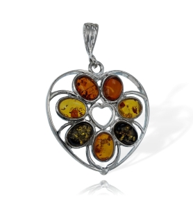  Srebrny Oksydowany Wisiorek Ażurowe Serce z Bursztynem Bursztynami