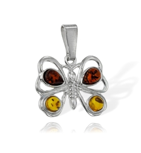  Srebrny Oksydowany Wisiorek Motyl Motylek z Bursztynem Bursztynami
