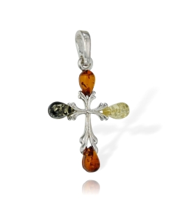 Srebrny Piękny Wisiorek Krzyż Krzyżyk z Bursztynem z Bursztynami