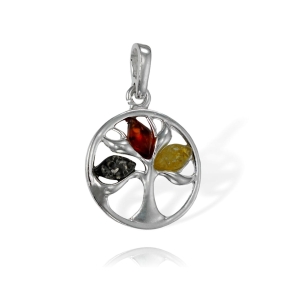  Srebrny Oksydowany Wisiorek Ażurowe Drzewo Drzewko z Bursztynem z Bursztynami