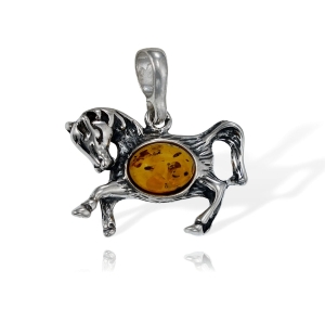  Srebrny Oksydowany Wisiorek Koń Konik z Bursztynem