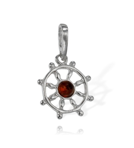  Srebrny Oksydowany Wisiorek Ster Koło Sterowe z Bursztynem