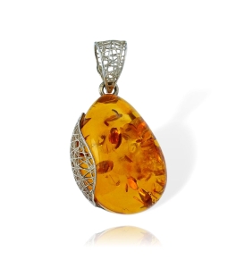  Srebrny Fantazyjny Wisiorek z Dużym Bursztynem