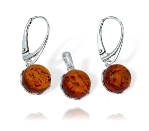 Efektowny Srebrny Komplet z Bursztynami