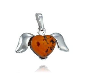 Srebrny Cudowny Wisiorek Bursztynowe Serce ze Skrzydłami Amor