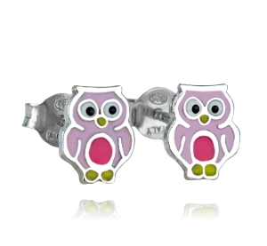 Srebrne Rodowane Kolczyki Różowe Sowy Sówki na Sztyft