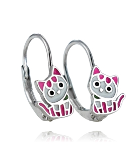 Srebrne Rodowane Kolczyki Kotki na Zatrzasku