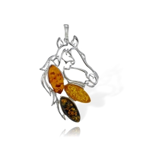  Srebrny Wisiorek Koń Głowa Konia z Bursztynami Bursztynem