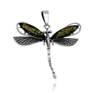 Cudowny Srebrny Wisiorek Ważka z Bursztynami Bursztynem