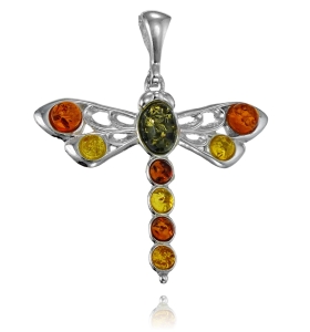 Cudowny Srebrny Wisiorek Ważka z Bursztynami Bursztynem