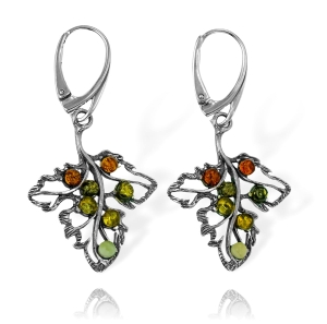 Efektowne Srebrne Kolczyki Liście Listki z Bursztynem Bursztynami