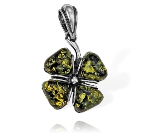  Srebrny Oksydowany Wisiorek Czterolistna Koniczyna Koniczynka z Bursztynem Bursztynami