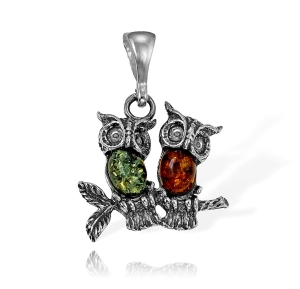 Srebrny Oksydowany Wisiorek Sowa Sowy z Bursztynem Bursztynami 