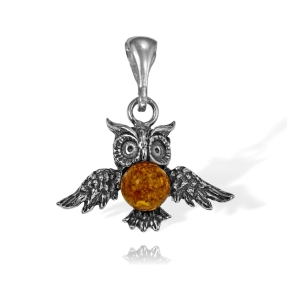 Srebrny Oksydowany Wisiorek Sowa z Bursztynem