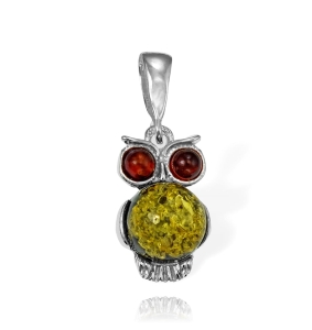 Srebrny Oksydowany Wisiorek Sowa z Bursztynem Bursztynami