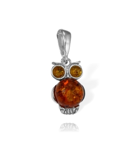 Srebrny Oksydowany Wisiorek Sowa z Bursztynem Bursztynami