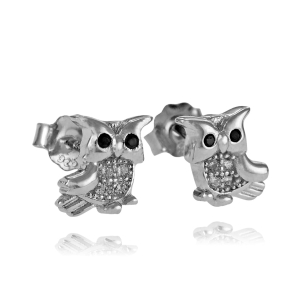 Piękne Srebrne Rodowane Kolczyki Sowy z Cyrkoniami na Sztyft