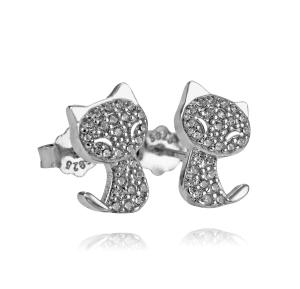 Piękne Srebrne Rodowane Kolczyki Kotki z Cyrkoniami