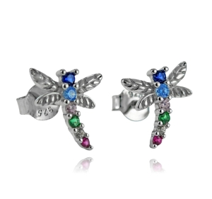 Piękne Srebrne Kolczyki Ważki, Ważka z Kolorowymi Cyrkoniami