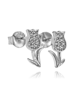 Srebrne Rodowane Kolczyki Kwiatuszki, Tulipany  z Cyrkoniami